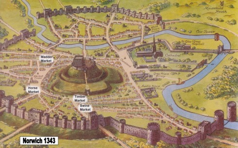 Norwich anno 1343 - bymurene er fullført og Norwich har for lengst fått en helt ny byplan. Kilde: Wikipedia Norwich, East Anglia, anglo saxons, angelsaksere, England, Storbritannia, Wensum, Tombland, Norwich Cathedral, Dragon Hall, bosses, St Peter Mancroft, Elm Hill, Norwich Castle Mound, Castle museum, The Bridewell, The Museum of Norwich at The Bridewell, Pottergate, Pull’s Ferry, Cow Tower, Guildhall, Princes Street, Maid’s Head, Bishop’s Bridge, Riverside