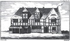 Shakespeare's Birthplace ble "restaurert" i henhold til denne skissen fra år 1769. Kilde: Wikipedia Stratford-upon-Avon, William Shakespeare, The Bard, middelalder, bindingsverk, Shakespeare’s Birthplace, Clopton Bridge, Anne Hathaway, Mary Arden, New Place, Hall’s Croft, John Hall, Holy Trinity Church