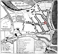 Kart over sentrum av Stratford-upon-Avon anno 1569 - de røde prikkene angir plasseringen av Market Cross. Kilde: Wikipedia Stratford-upon-Avon, William Shakespeare, The Bard, middelalder, bindingsverk, Shakespeare’s Birthplace, Clopton Bridge, Anne Hathaway, Mary Arden, New Place, Hall’s Croft, John Hall, Holy Trinity Church