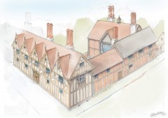 Illustrasjon av hvordan historikerne ser for seg at Shakespeares New Place så ut da han kjøpte eiendommen. Foto: © The Shakespeare Birthplace Trust Stratford-upon-Avon, William Shakespeare, The Bard, middelalder, bindingsverk, Shakespeare’s Birthplace, Clopton Bridge, Anne Hathaway, Mary Arden, New Place, Hall’s Croft, John Hall, Holy Trinity Church