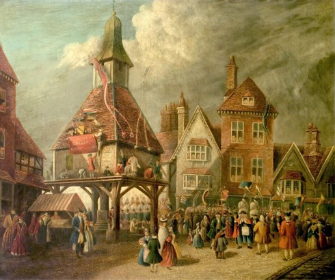 Stor ståhei ved The Market Cross. Maleri med scene ved markedskorset The High Cross under den første Shakespeare-festivalen som Garrick arrangerte i år 1769. Foto: © The Shakespeare Birthplace Trust Stratford-upon-Avon, William Shakespeare, The Bard, middelalder, bindingsverk, Shakespeare’s Birthplace, Clopton Bridge, Anne Hathaway, Mary Arden, New Place, Hall’s Croft, John Hall, Holy Trinity Church