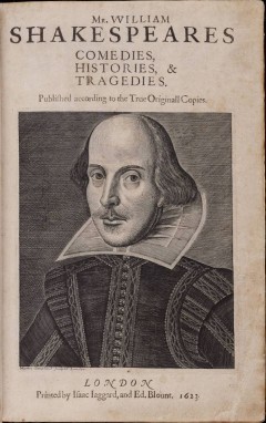 Portrett fra tittelsiden i First Folio utgitt år 1623. Gravering av Martin Droeshout. Kilde: Wikipedia Stratford-upon-Avon, William Shakespeare, The Bard, middelalder, bindingsverk, Shakespeare’s Birthplace, Clopton Bridge, Anne Hathaway, Mary Arden, New Place, Hall’s Croft, John Hall, Holy Trinity Church