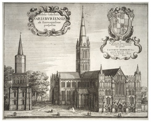 Opprinnelig hadde Salisbury Cathedral et frittstående klokketårn. Illustrasjon av Wnceslas Hollar år 1672. Kilde: Wikipedia Salisbury, Wiltshire, England, Cathedral, middelalder, english gothic, North Gate, St Anne’s gate, Old Sarum, St Thomas, Salisbury Plain, Stonehenge, Richard Poore, Butcher Row, Poultry Cross