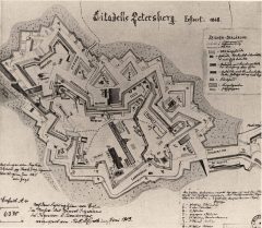 erfurt-grundriss-petersberg-1868-stadsarchiv-magdeburg Erfurt, Thüringen, Tyskland, middelalder, Krämerbrücke, Domplatz, Dom St. Marien, St. Severikircher, Fischmarkt, Wenigemarkt, Michaelisstrasse, Alte Synagoge, Mikwe, Martin Luther, Augustinerkloster, Anger, Angermuseum, Alte Mühle, Zitadelle Petersberg, Marktstrasse, Erfurter Schatz, Haus zum Stockfisch, Zum Güldenen Krönbacken