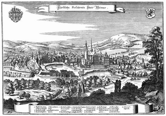 weimar-1650-merian Weimar, Thüringen, Øst-Tyskland, Tyskland, klassisismen, klassiske-weimar, classic-weimar, Goethe, Schiller, Luther, Lucas Cranach, St Peter und Paul, Schiller, Franz Liszt, Bauhaus, Schloss Belvedere, Residenz-schloss-Weimar, Carl August, Anna Amelia, Ilm, Park-am-Ilm